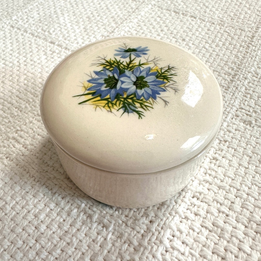 VTG Ceramic Trinket Box Blue Floral Hand Painted Round Jewelry Dish Cottagecore